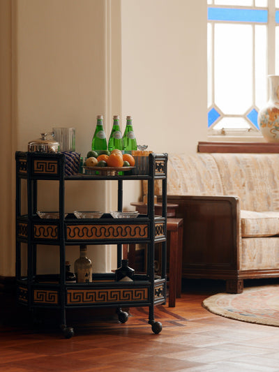 Entertaining in the Haw Par Mansion with the Permanent Resident Rattan Bar Cart in Blue