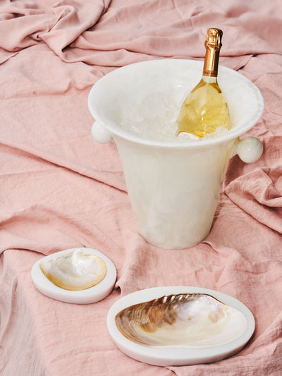 Lily Juliet Ivory Champagne Bucket and coordinating Large and small Ivory Caviar dishes made with mother of pearl
