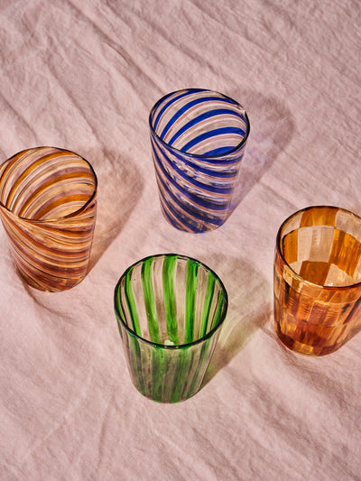 Assorted Murano drinking glasses in Amber, Blue and Green