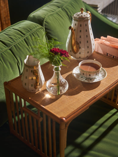 Breakfast service with our Aubrey breakfast tray in Rattan and Raynaud vintage tea service