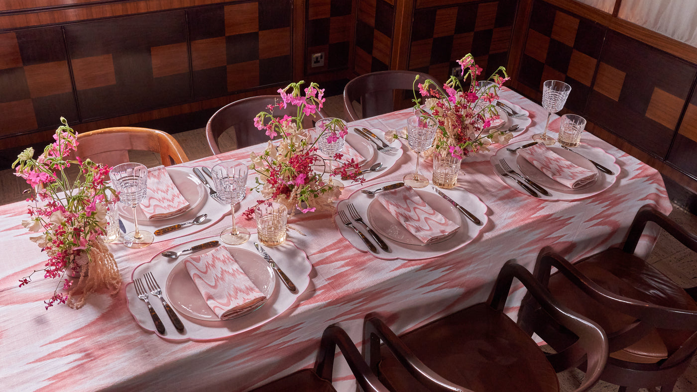 Pink Flamestitch Tablescape Permanent Resident Aurora Tablecloth Napkins in Pink Sabre Flatware Cipriani Hong Kong