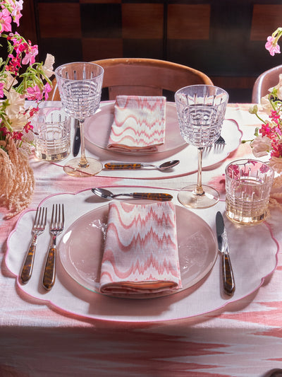 Pink Flamestitch Tablescape Permanent Resident Aurora Tablecloth Napkins in Pink Sabre Tortoise Flatware Creart Crystal Glassware Cipriani Hong Kong 