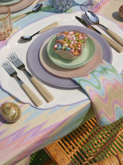 Tablescape flamestitch Aurora tablecloth pastel glass plates Creart crystal glassware Sabre Nature Faux Hornflatware decorative onyx eggs peeps easter bunny by Permanent Resident