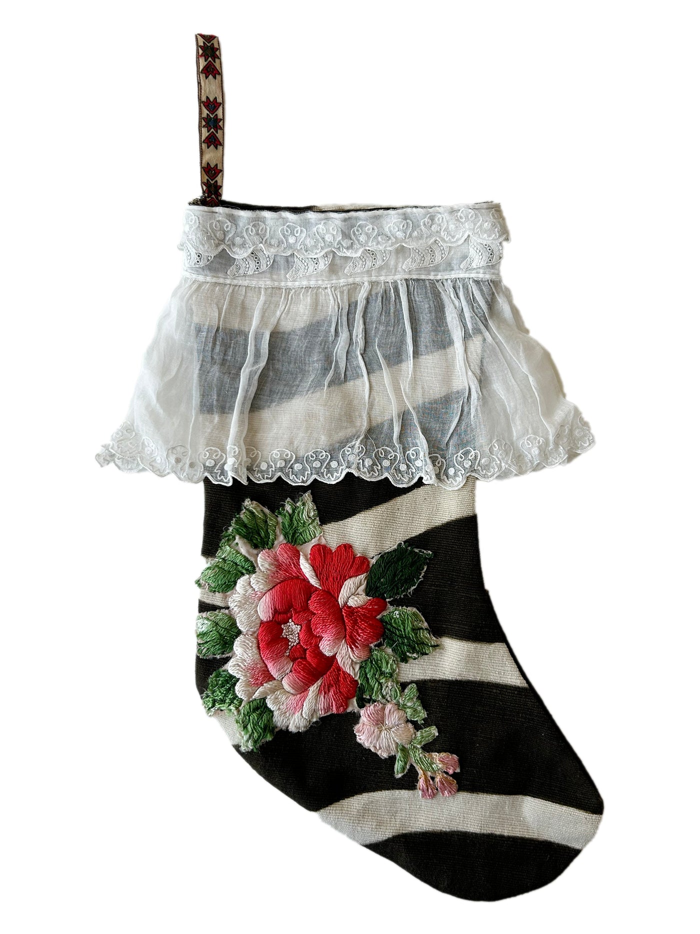 Vintage Black and White Zebra Stocking with Hand Embroidered Flowers and Vintage Lace Frill