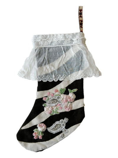 Vintage Black and White Zebra Stocking with Hand Embroidered Flowers and Vintage Lace Frill