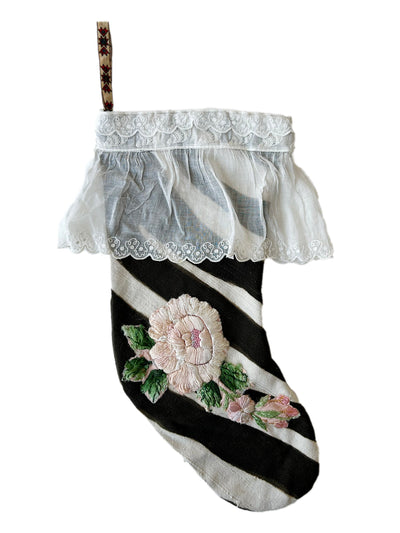 Vintage Black and White Zebra Stocking with Hand Embroidered Flowers and Vintage Lace Frill