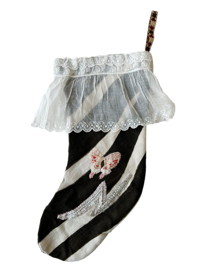 Vintage Black and White Zebra Stocking with Hand Embroidered Flowers and Vintage Lace Frill