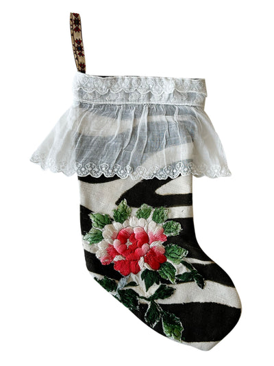 Vintage Black and White Zebra Stocking with Hand Embroidered Flowers and Vintage Lace Frill