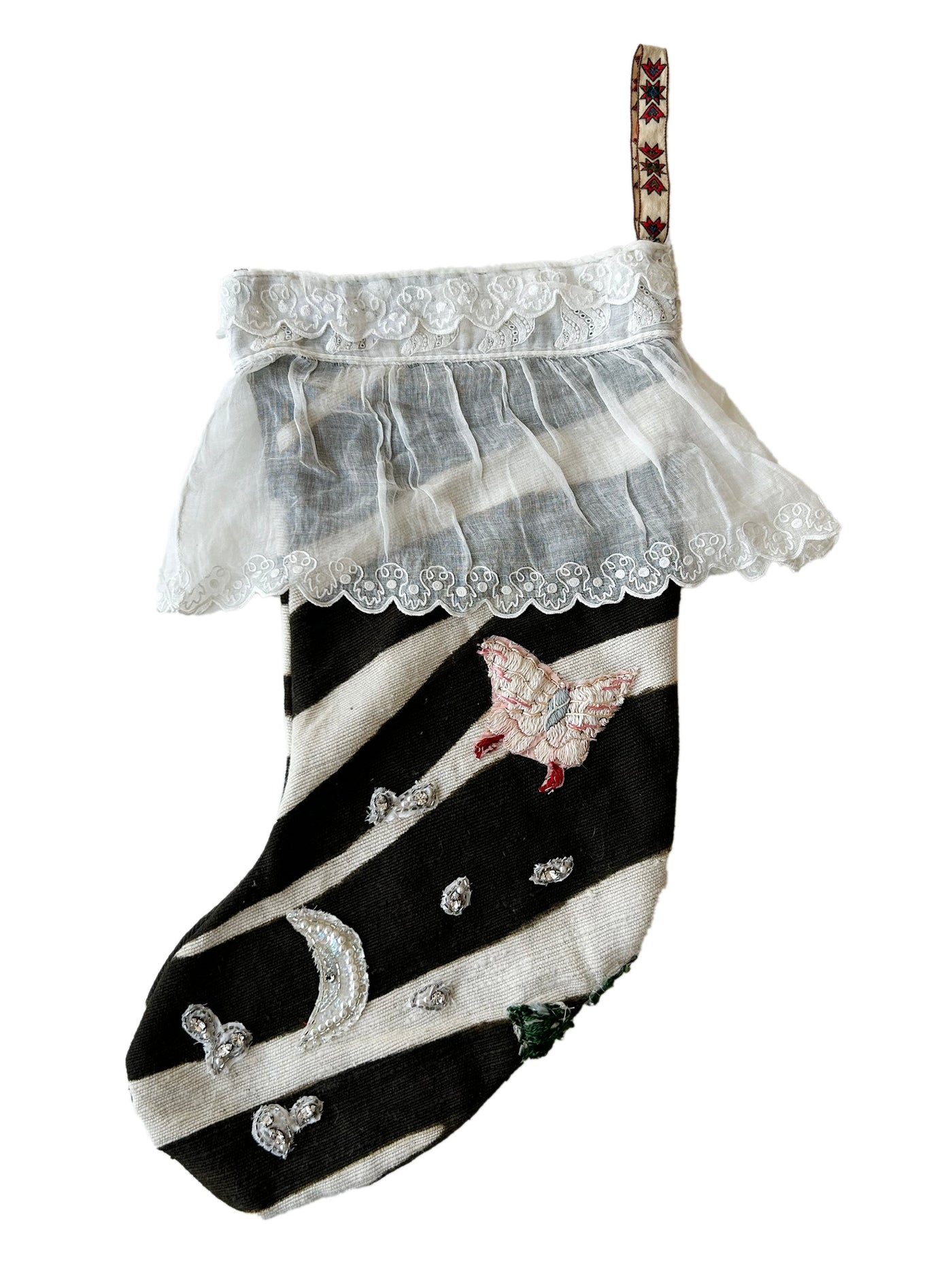 Vintage Black and White Zebra Stocking with Hand Embroidered Flowers and Vintage Lace Frill