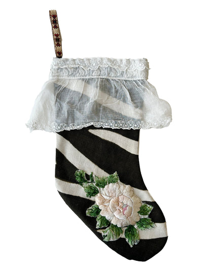 Vintage Black and White Zebra Stocking with Hand Embroidered Flowers and Vintage Lace Frill