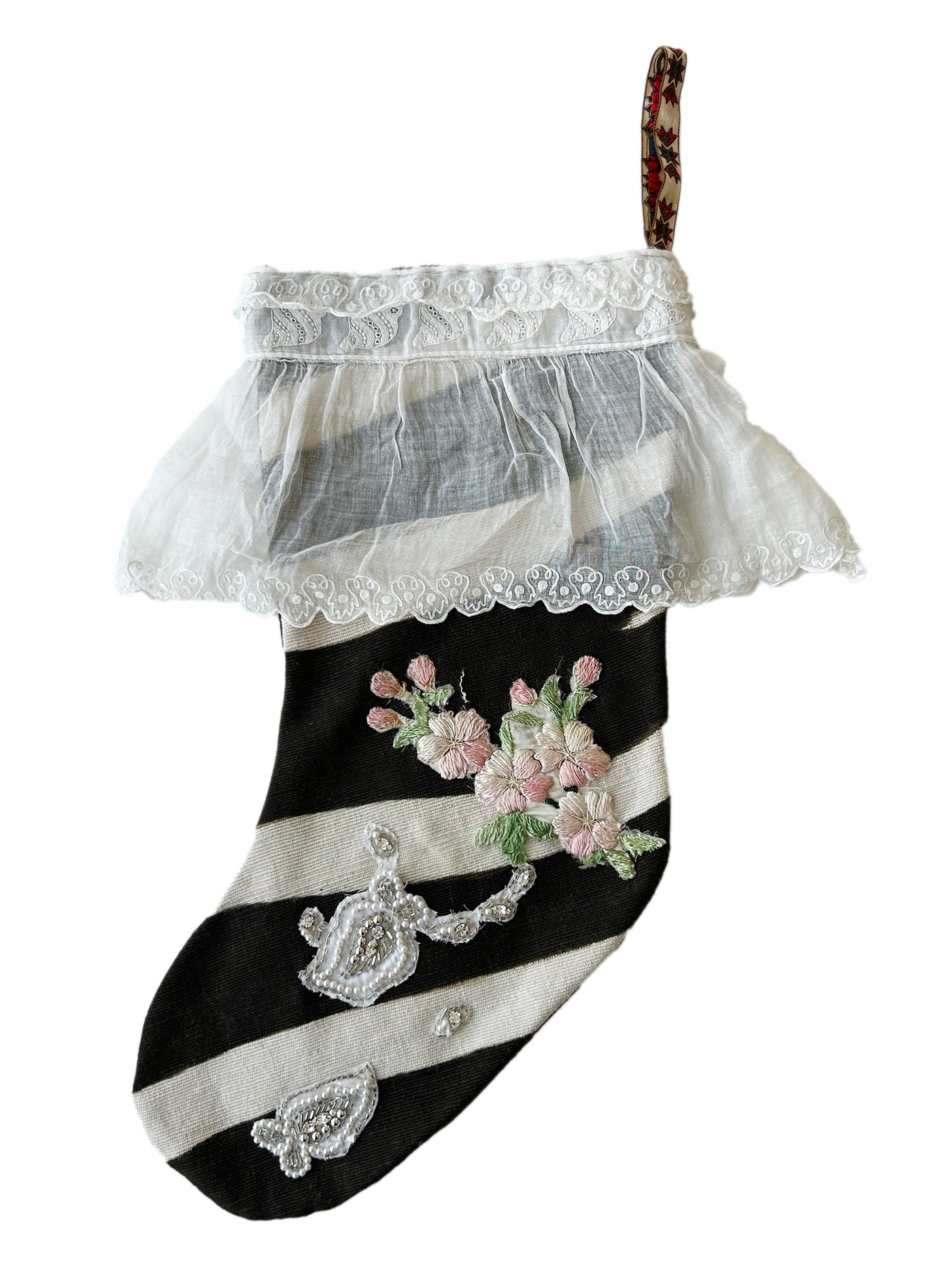 Vintage Black and White Zebra Stocking with Hand Embroidered Flowers and Vintage Lace Frill