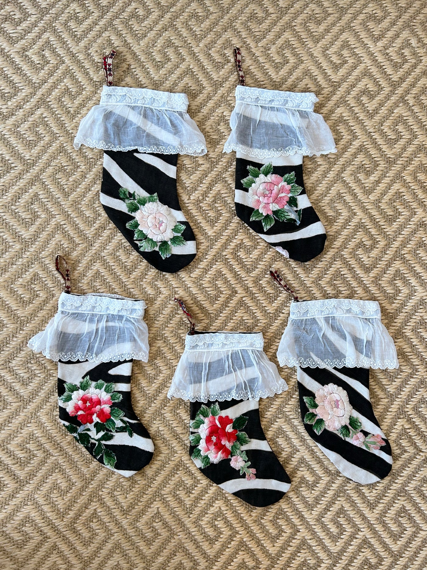 Group of Vintage Black and White Zebra Stockings with Hand Embroidered Flowers and Vintage Lace Frill