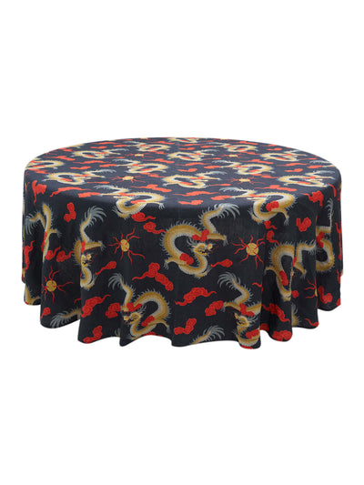 Kowloon Dragon Round Tablecloth featuring a golden ombré dragon set against an onyx background and surrounded by red clouds, hoping to bring all good fortune and joy.  260 cm in diameter and made from Organic cotton linen and GOTS Certified.
