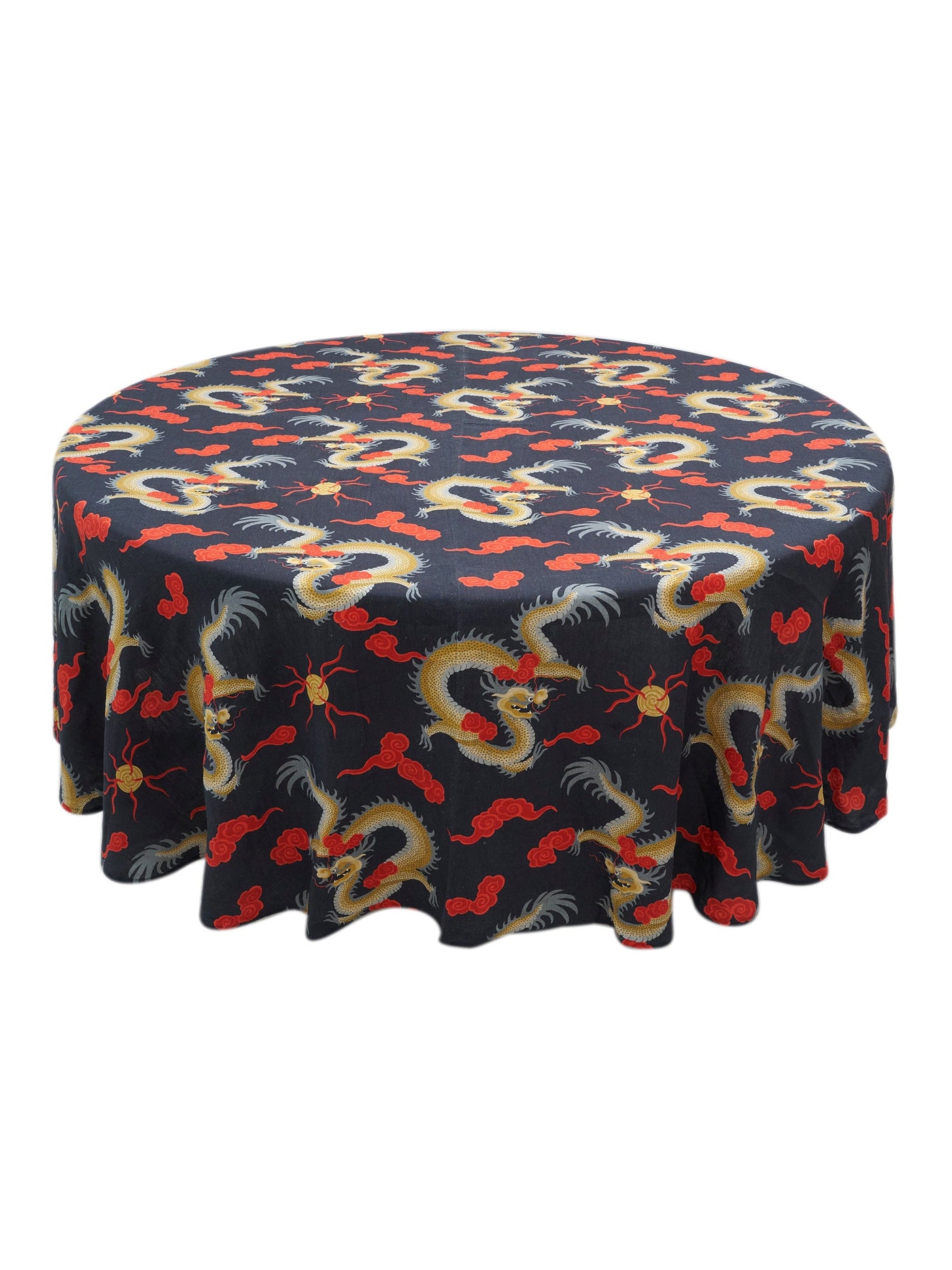 Kowloon Dragon Round Tablecloth featuring a golden ombré dragon set against an onyx background and surrounded by red clouds, hoping to bring all good fortune and joy.  260 cm in diameter and made from Organic cotton linen and GOTS Certified.