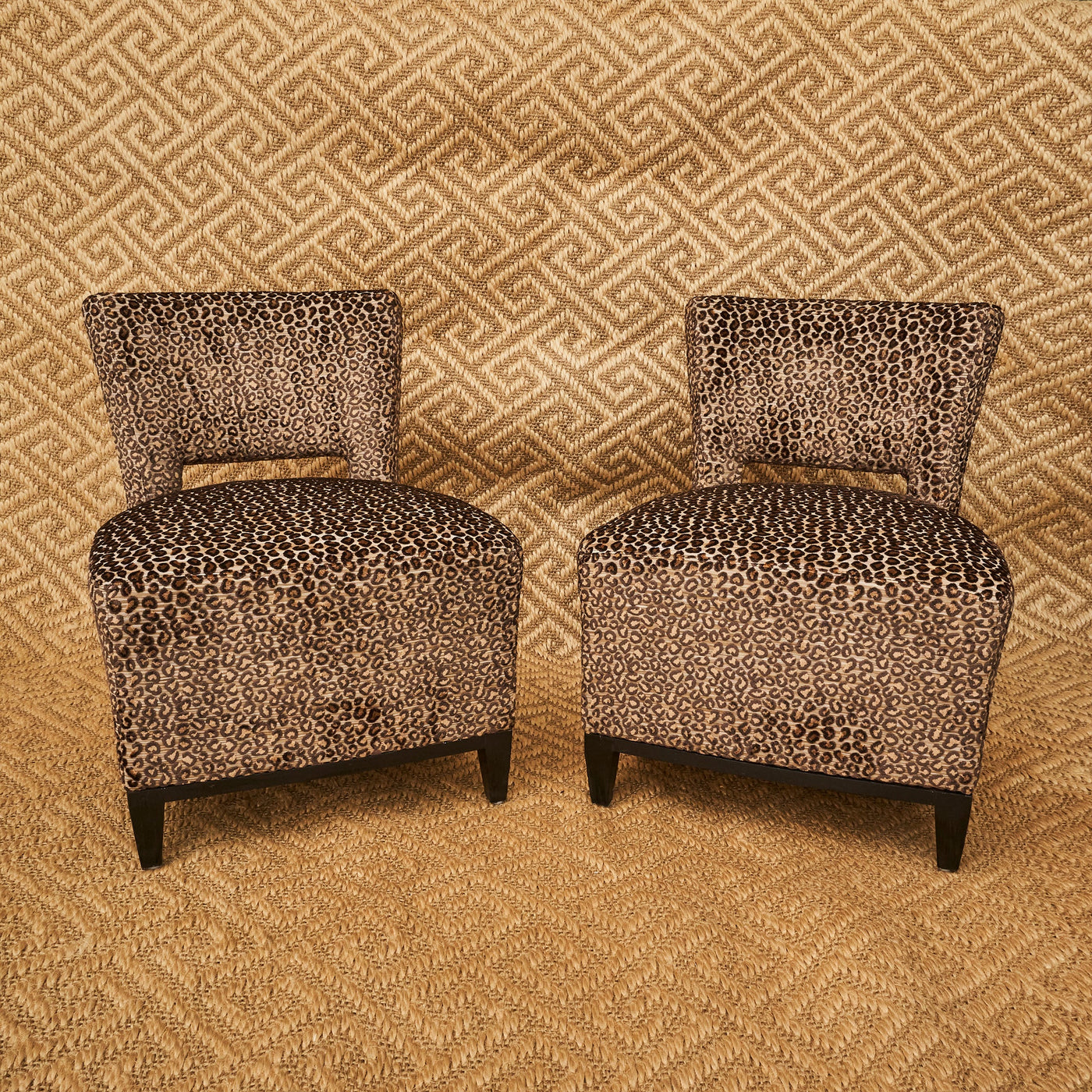 Pair of reupholstered chairs in raised leopard velvet Colefax and Fowler Wilde Fabric.