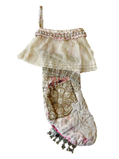 Vintage pink brocade stocking with french lace frill