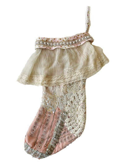 Vintage pink brocade stocking with french lace frill