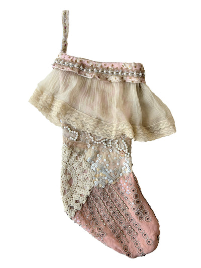 Vintage pink brocade stocking with french lace frill