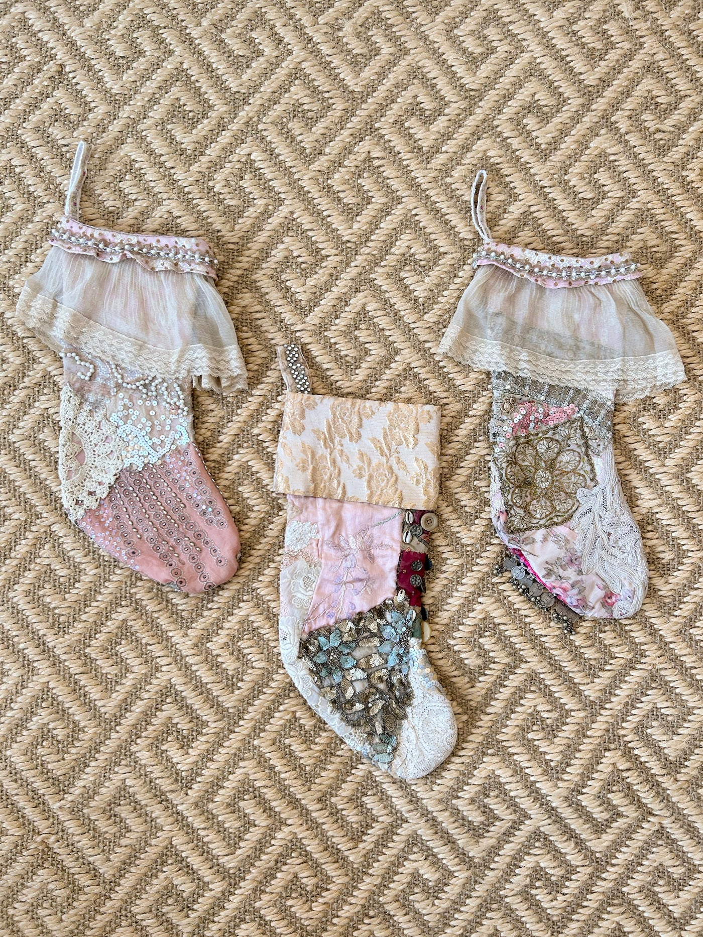 Group of Vintage pink brocade stockings with french lace frill