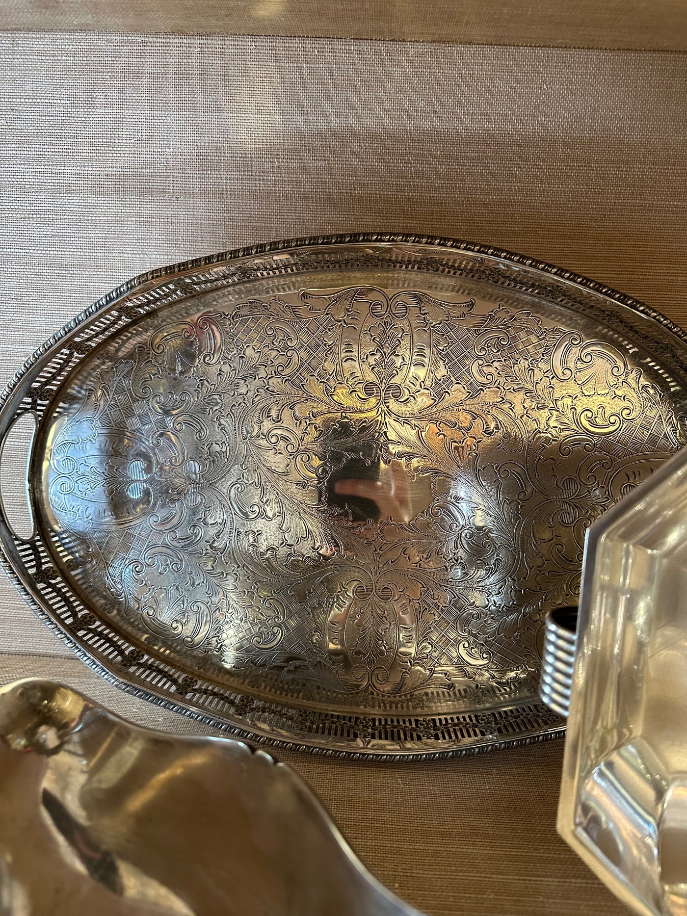 Silver Etched Oval Tray