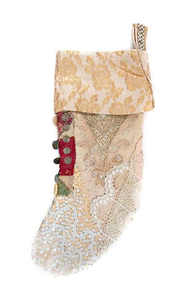 Vintage pink brocade stocking with french lace frill