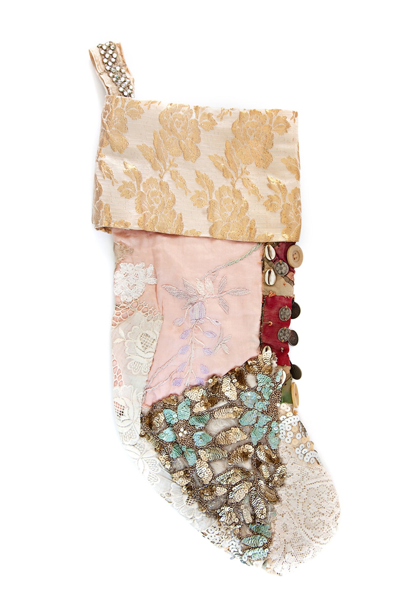 Vintage pink brocade stocking with french lace frill