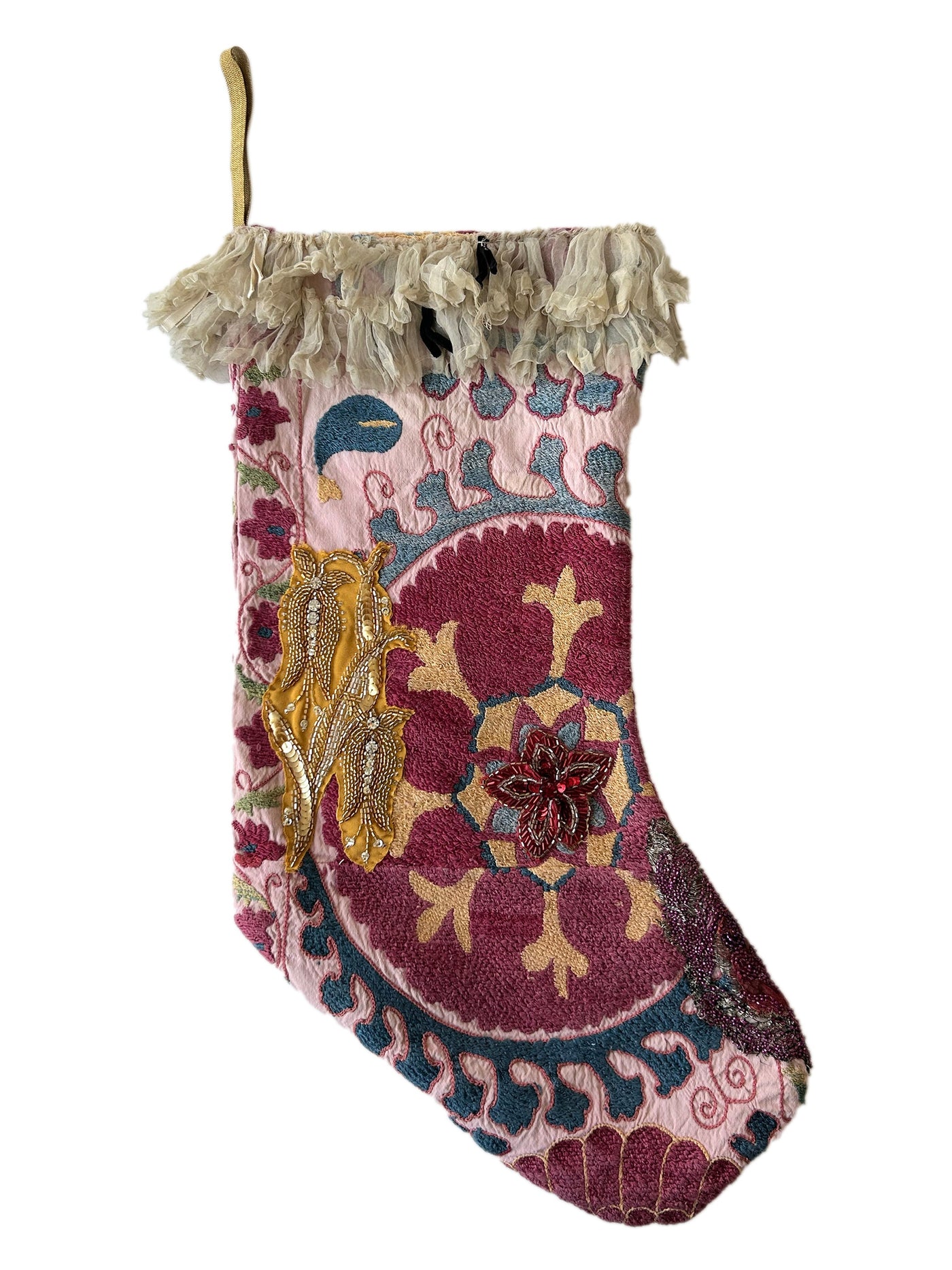 Hand embroidered and beaded Suzani Stocking with victorian lace