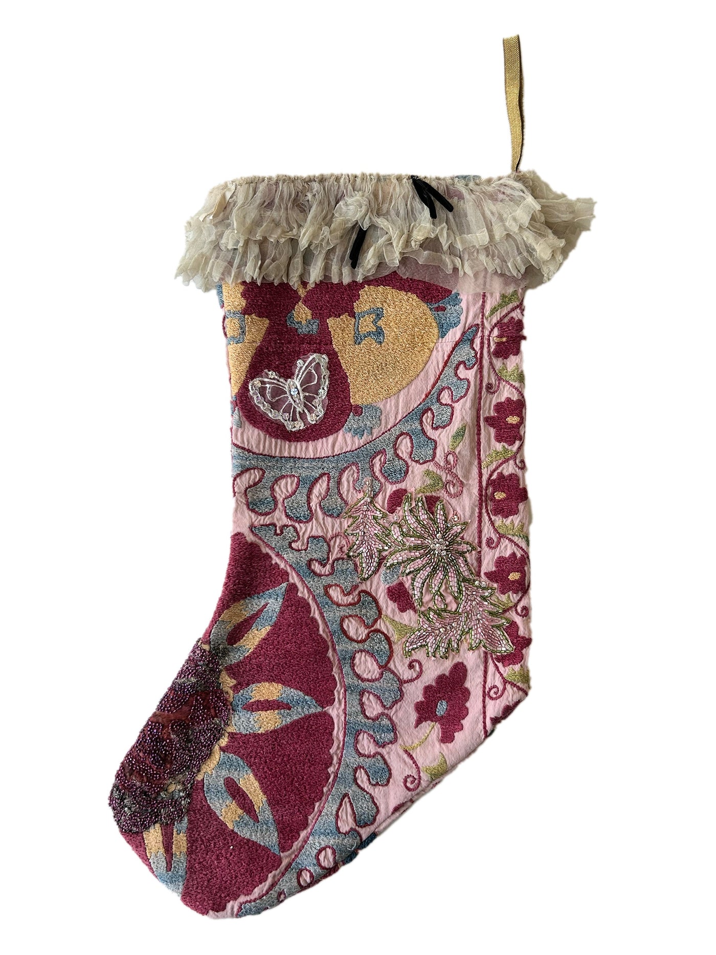 Hand embroidered and beaded Suzani Stocking with victorian lace