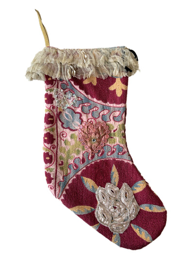 Hand embroidered and beaded Suzani Stocking with victorian lace