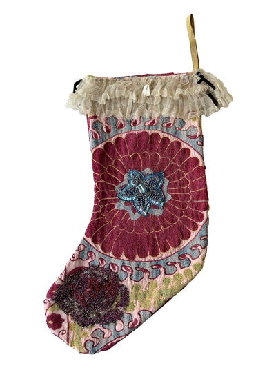 Hand embroidered and beaded Suzani Stocking with victorian lace