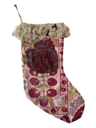 Hand embroidered and beaded Suzani Stocking with victorian lace