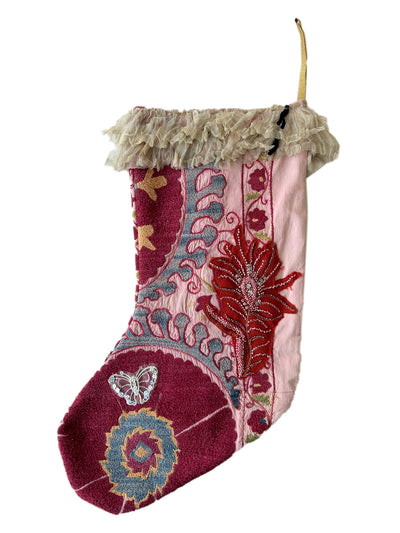 Hand embroidered and beaded Suzani Stocking with victorian lace