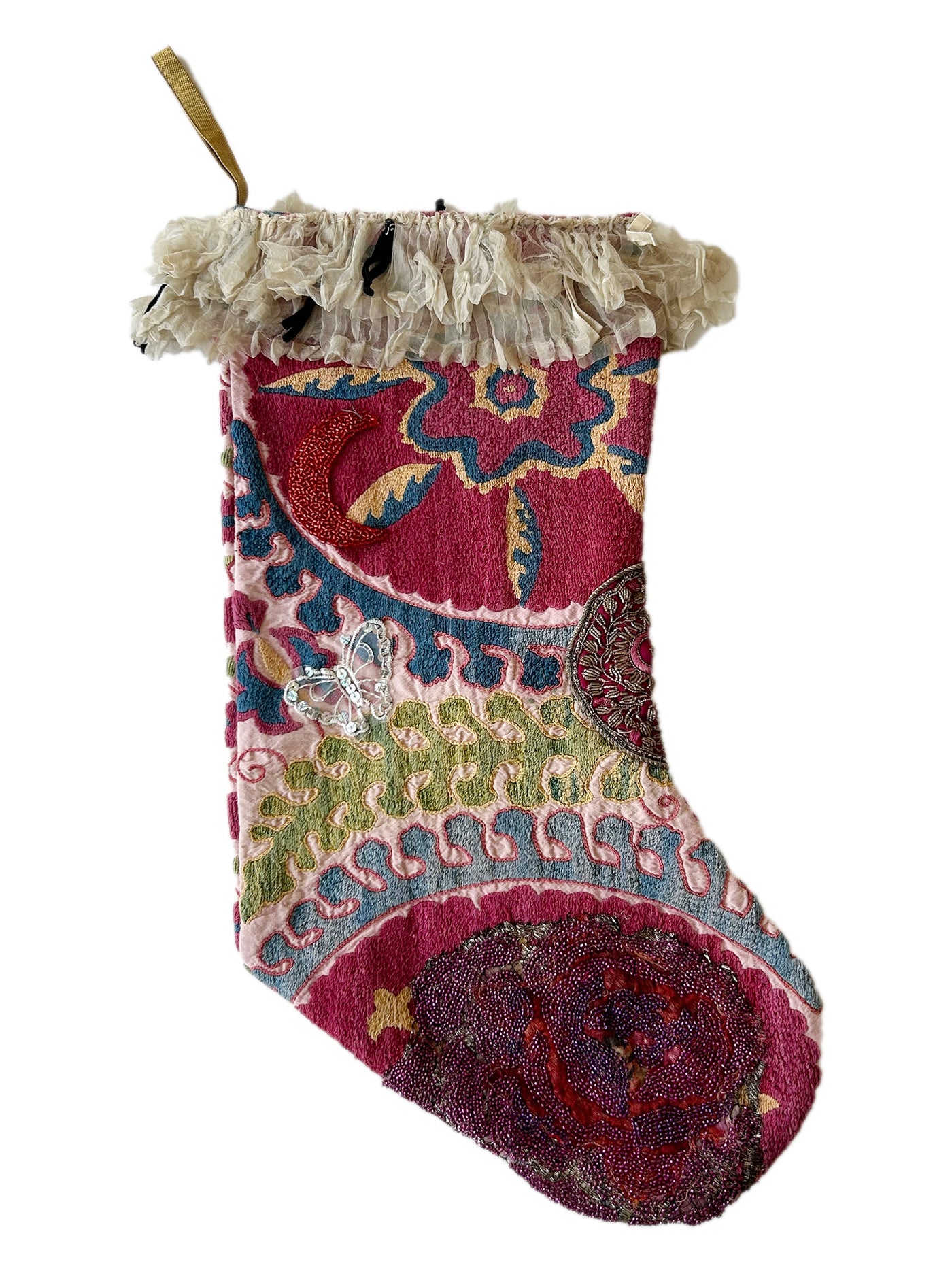 Hand embroidered and beaded Suzani Stocking with victorian lace