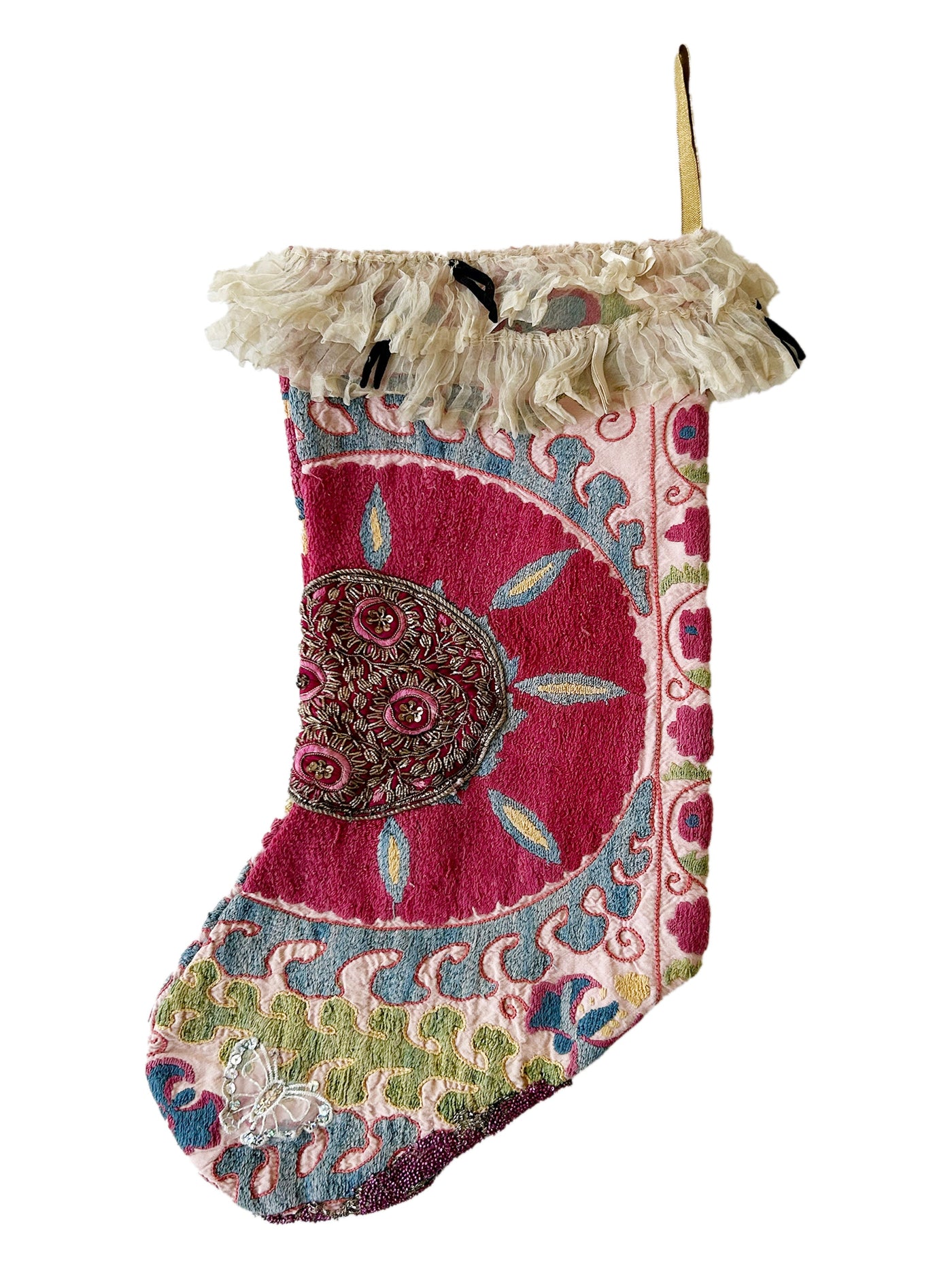 Hand embroidered and beaded Suzani Stocking with victorian lace