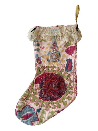 Hand embroidered and beaded Suzani Stocking with victorian lace