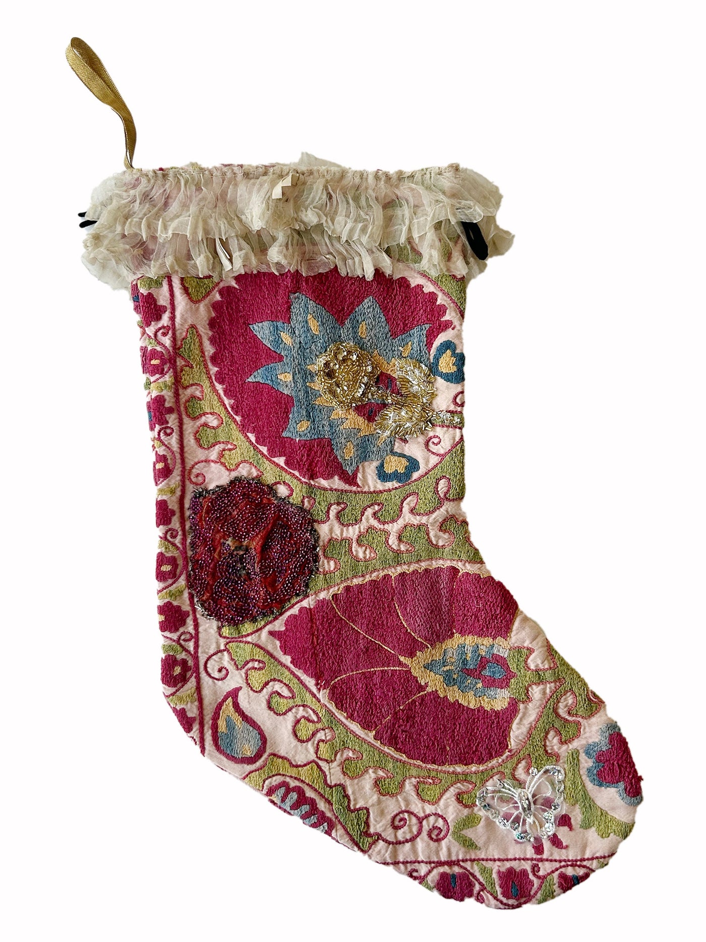 Hand embroidered and beaded Suzani Stocking with victorian lace