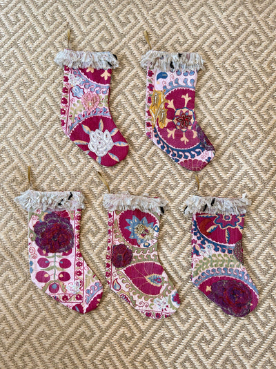 Hand embroidered and beaded Suzani Stockings with victorian lace