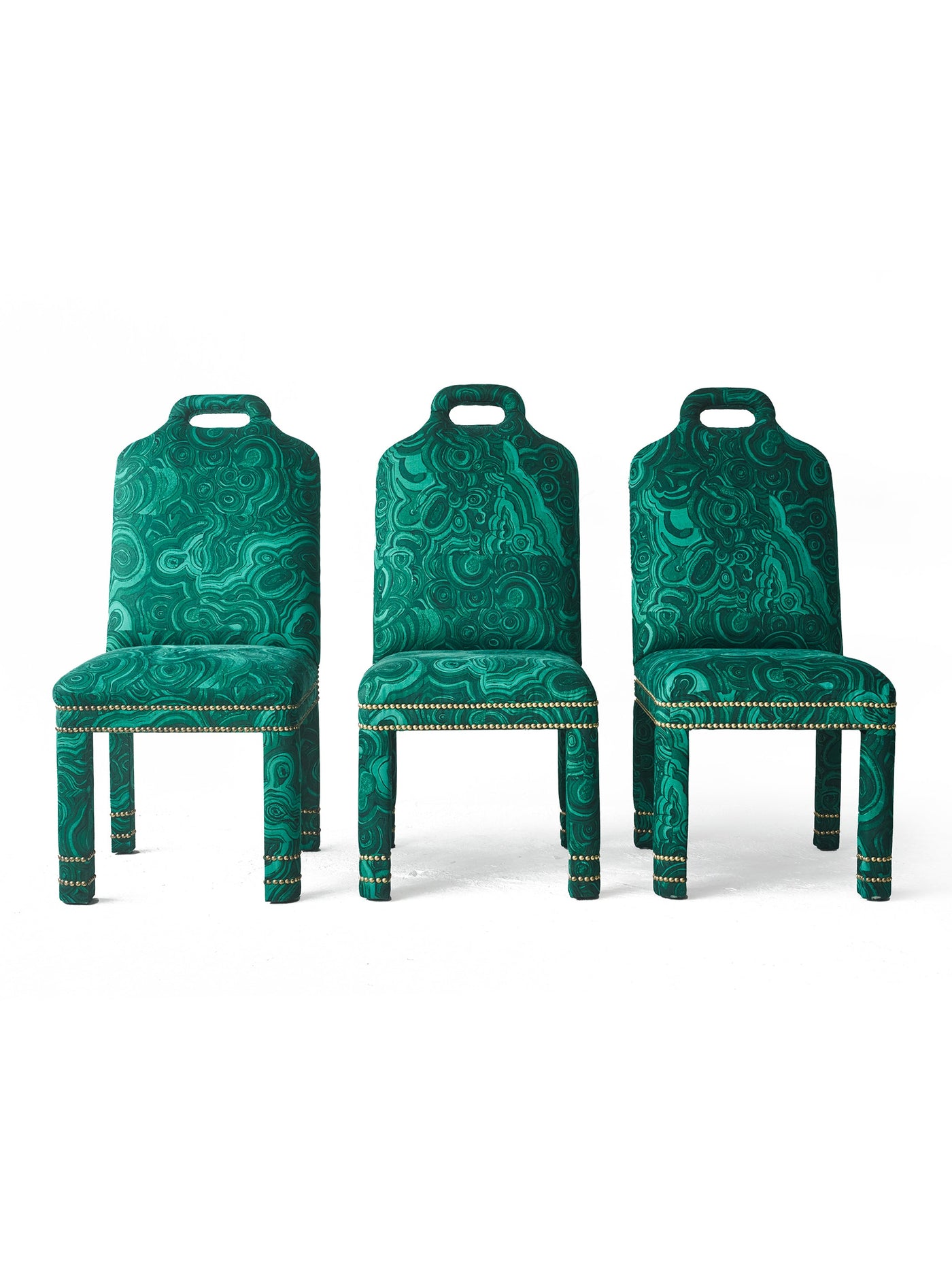 Six Malachite Dining Chairs Set Two Michelle Nussbaumer Design Tony Duquette Jim Thompson Fabric