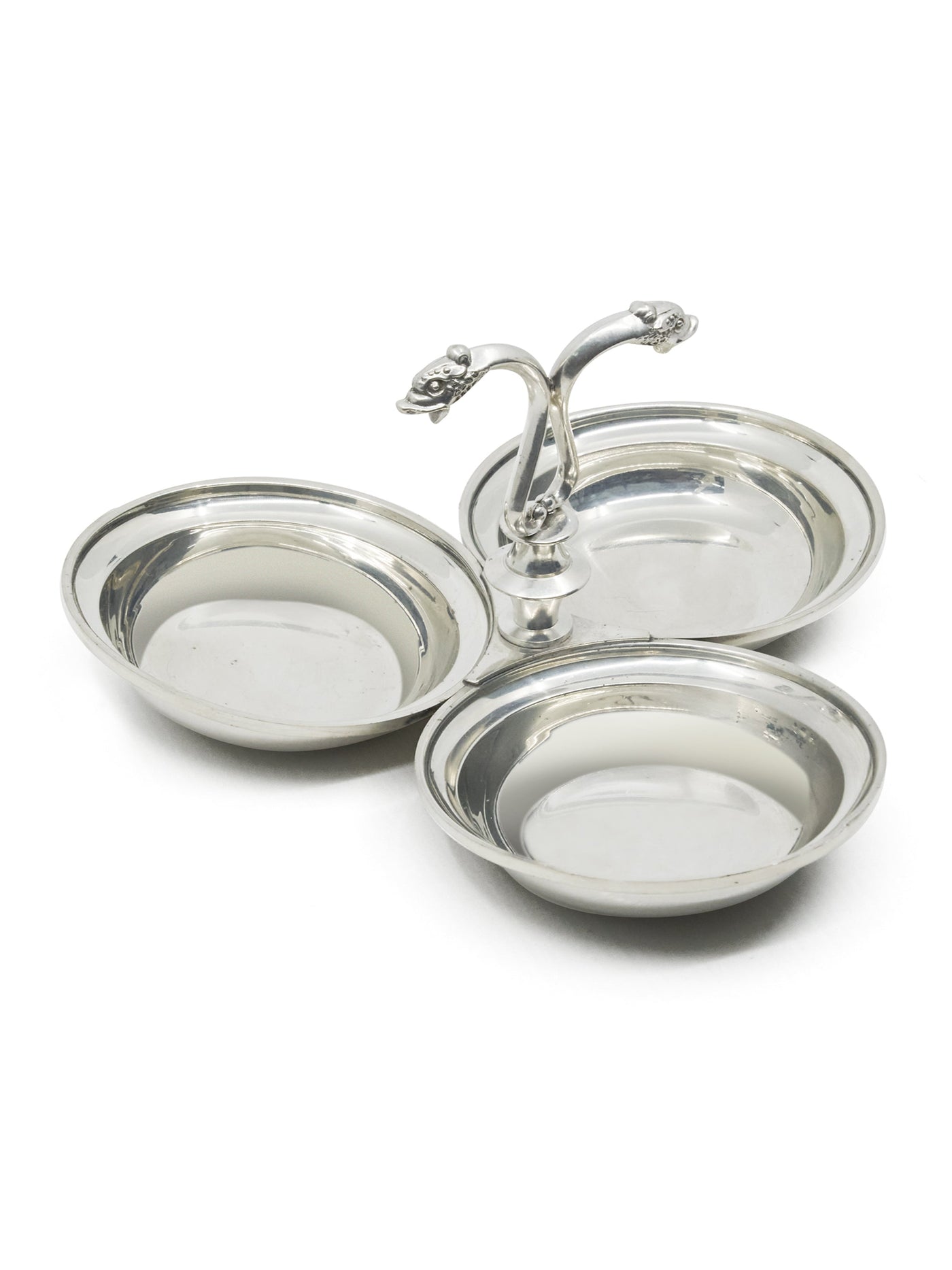 Silver Triple Bowl Server with Double Fish Head Handle